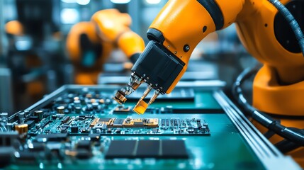 Intelligent robotic arms assembling components in electronics production
