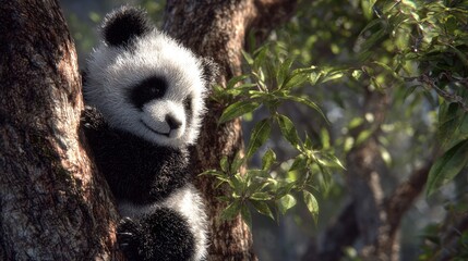 Obraz premium a captivating scene featuring a panda bear perched in a tree with lush green leaves. the panda bear is facing towards its left, seemingly observing something off screen