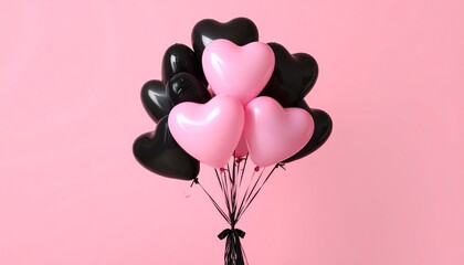 Heart-shaped black and pink balloons on pastel background.