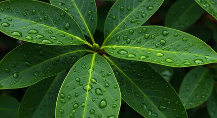 Close-up of vibrant green leaves glistening with water droplets after a refreshing rainfall. The natural texture and details of the leaves create a captivating scene.