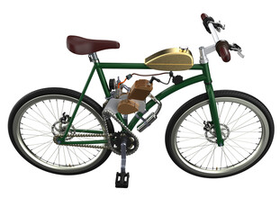 Motorized Push Bike with 2-Stroke Petrol Engine Kit, combining bicycle agility and motor power for custom transport projects. Isolated on Transparent HD Background, perfect for DIY urban commute.