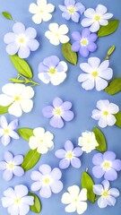 Floral pattern of small, light blue and white flowers on a periwinkle background