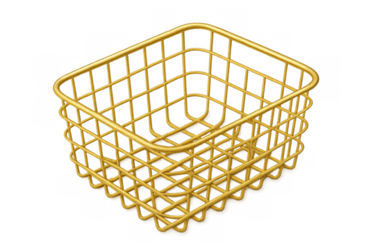 Empty golden shopping basket on transparent background representing online commerce