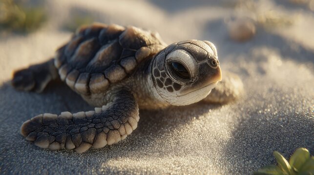 a baby sea turtle resting on sandy ground near the ocean. the turtle is adorned with dark spots and has a pattern of ridges along its shell