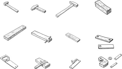 Vintage hand tools and wooden woodworking materials set, including hammers, saw, clamps, and wood blocks, detailed black and white vector illustration.