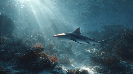 an underwater scene featuring a great white shark swimming in the ocean. the shark is depicted mid swim, with its body submerged beneath the water's surface and a portion of its fin visible above