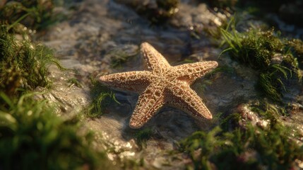 a close up of an environment that includes sea stars and a small coral reef with algae