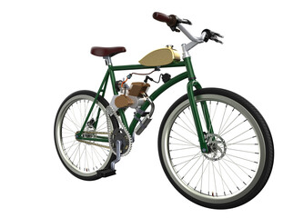 Obraz premium High-Definition Isolated 3D Illustration of a Classic Vintage Green Motorized Bicycle. Retro Power Assisted Cycle for Leisure Travel and Urban Commuting, High Angle Top View Perspective Rendering.