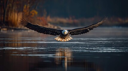 an eagle in flight over a body of water