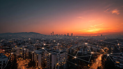 city skyline at sunset with network overlay showcasing urban connectivity digital technology smart city skyscraper buildings infrastructure modern architecture and futuristic cityscape