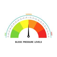 Infographic blood pressure meters with low, normal, and high level results, hypertension. Indicator gauge with color scale and arrow showing blood pressure levels