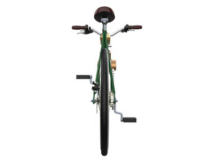 Isolated vintage-style motorized bicycle in vibrant green, featuring an installed engine conversion kit and retro brown leather seat. Detailed 3D model PNG with transparent background for classic