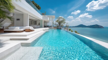 Fototapeta premium A stunning, modern villa extends dramatically over a cliffside overlooking a turquoise ocean. A long, rectangular infinity pool dominates the foreground,