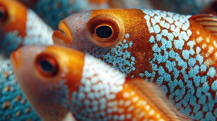 a group of colorful fish, likely in an aquarium setting, with their blue and orange bodies set against a dark background