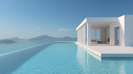 Fototapeta premium A minimalist, modern villa extends dramatically over a turquoise sea. The building features a stark white, rectangular design with large glass windows and columns, 