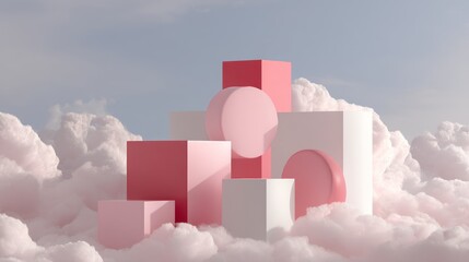 A surreal, minimalist composition features a cluster of geometric shapes ? cubes, spheres, and arches ? floating amidst fluffy, pink clouds against a pale blue sky. The shapes are predominantly...