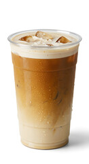 a transparent plastic cup filled with iced sea salt latte, light brown espresso mixed with milk, topped with a creamy sea salt foam layer