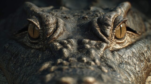 a close up view of an alligator's head, showcasing its distinctive features such as its eyes and snout - Powered by Adobe