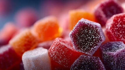 Close-up shot of colorful, sugary gummy candies, showcasing various shapes and textures.