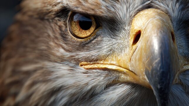 the image prominently features a close up of an eagle's head with a beady eye and sharp talons visible