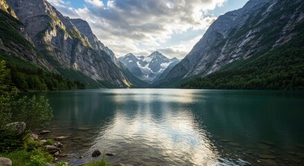 Obraz premium Serene mountain lake landscape reflecting cloudy skies and towering peaks creating a dramatic and