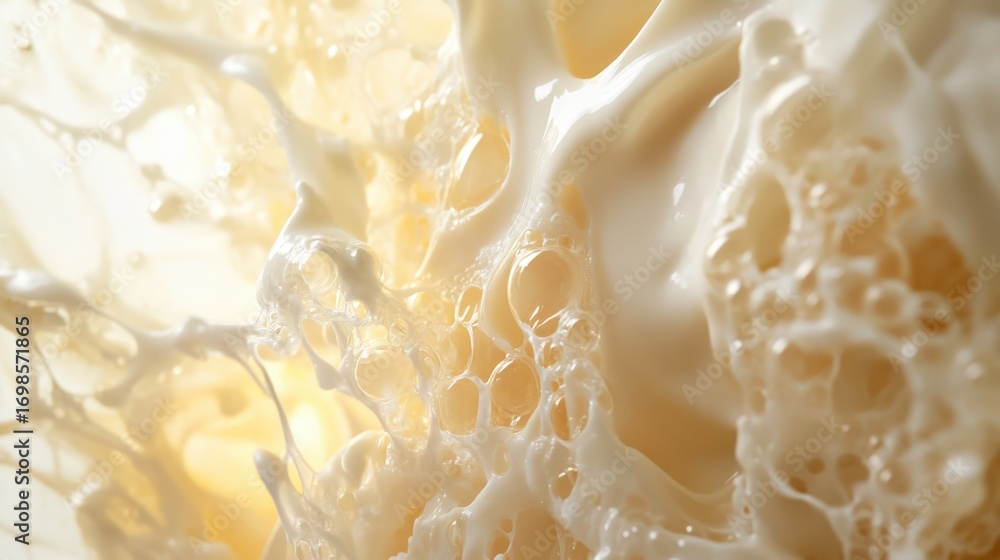 Poster a close-up view of creamy white liquid exploding into a cascade of delicate bubbles, showcasing its 