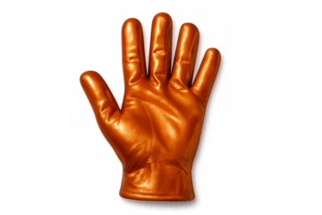 Shiny metallic gold glove open hand showing five fingers on transparent background