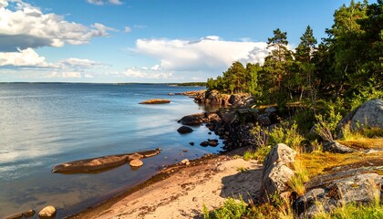 Lakeside scenery with rocky shore