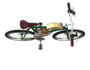 High-Definition Isolated 3D Illustration of a Classic Vintage Green Motorized Bicycle. Retro Power Assisted Cycle for Leisure Travel and Urban Commuting, High Angle Top View Perspective Rendering.