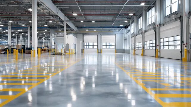 A spacious industrial hall with polished concrete floors and bright yellow path lines leading to closed white shutter doors, illuminated by cool natural light.