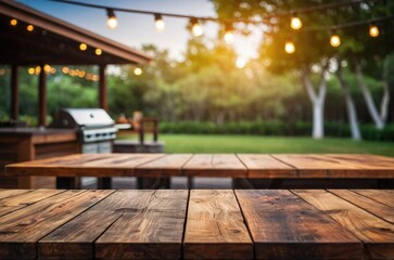 Outdoor dining area with warm evening light and string lights in a backyard setting