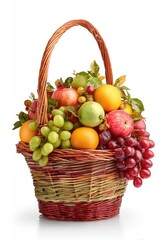 A rustic wicker basket overflows with a vibrant assortment of fresh fruits. The basket, featuring a woven handle and a red-brown exterior, is brimming with apples (red, green, and yellow), grapes