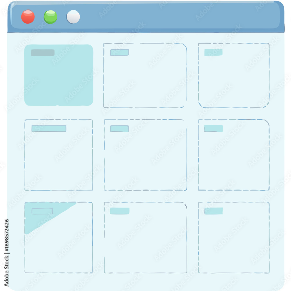 Aufkleber cartoonish webpage layout with nine content boxes and interface elements.