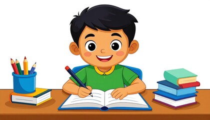 Happy boy studying at a desk