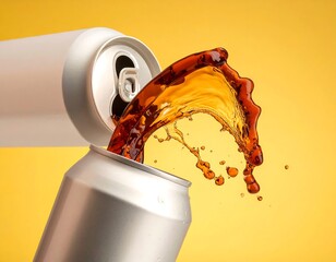 Soda pouring from can, splash against yellow