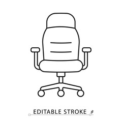An office chair icon in minimalist style with editable stroke. Workplace furniture symbol, ergonomic seat element, comfort object, interior concept, business pictogram, desk chair design