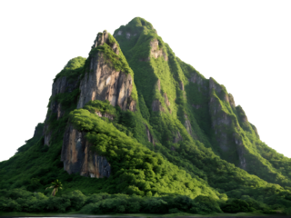 Photorealistic Lush Green Mountain Range with Steep Rocky Cliffs and Tropical Vegetation isolated on a transparent background