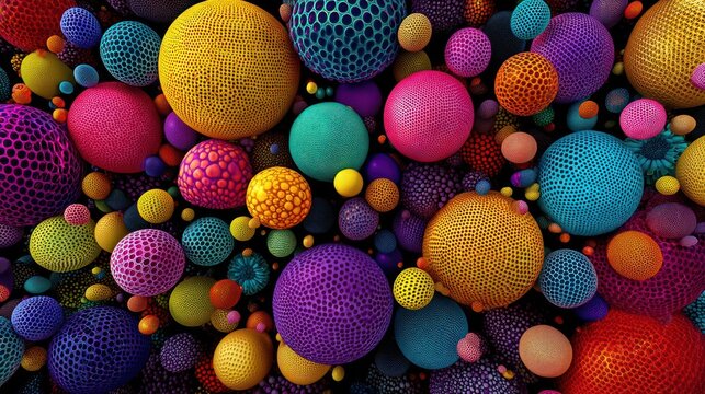 A vibrant, close-up image showcases a dense collection of colorful, spherical objects arranged in a layered composition. Each sphere exhibits a unique, intricate pattern ?