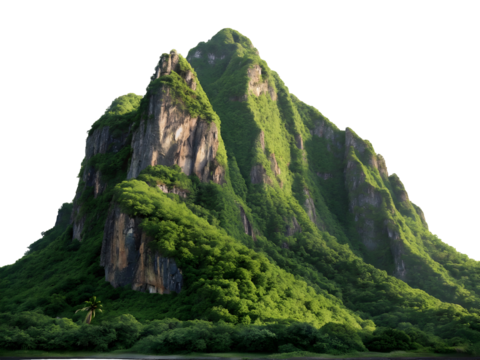 Photorealistic Lush Green Mountain Range with Steep Rocky Cliffs and Tropical Vegetation isolated on a transparent background