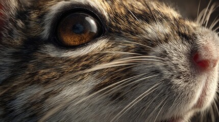 a close up view of a small animal with a prominent eye and whiskers, set against a blurred background that suggests an outdoor setting