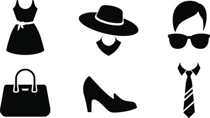 Fashion silhouette vector icons, dress, handbag, shoes, hat, tie, sunglasses, style illustration, clothing accessory design, modern fashion artwork