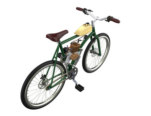 Obraz premium Isolated vintage-style motorized bicycle in vibrant green, featuring an installed engine conversion kit and retro brown leather seat. Detailed 3D model PNG with transparent background for classic