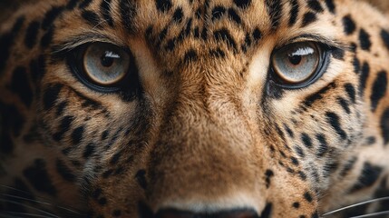 Fototapeta premium a close up of a leopard's face with its eyes looking forward, captured in such a way that the background is indistinct but appears to be darker than the leopard's fur