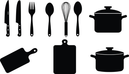 Kitchen utensils silhouette vector set, knife, fork, spoon, whisk, cutting board, cooking pot, cookware illustration for food, chef, restaurant