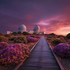 Obraz premium Observatory at Sunset with Purple Flower Garden