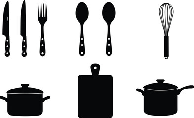 Kitchen utensils silhouette vector set, knife, fork, spoon, whisk, cutting board, cooking pot, cookware illustration for food, restaurant, chef design