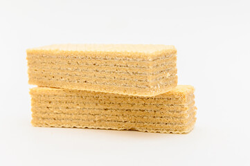 Sweet wafers on white background. Crispy biscuit. Top view.