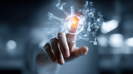 A person?s hand reaches out and touches a glowing, holographic representation of a complex molecular structure. The structure is composed of interconnected atoms and bonds, 