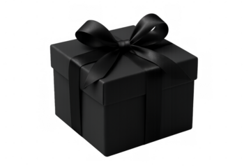Black gift box wrapped with elegant ribbon on transparent background