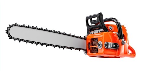 Fototapeta premium A vibrant orange and black chainsaw is prominently displayed against a clean white background. The chainsaw features a detailed engine housing, a comfortable black handle, and a long
